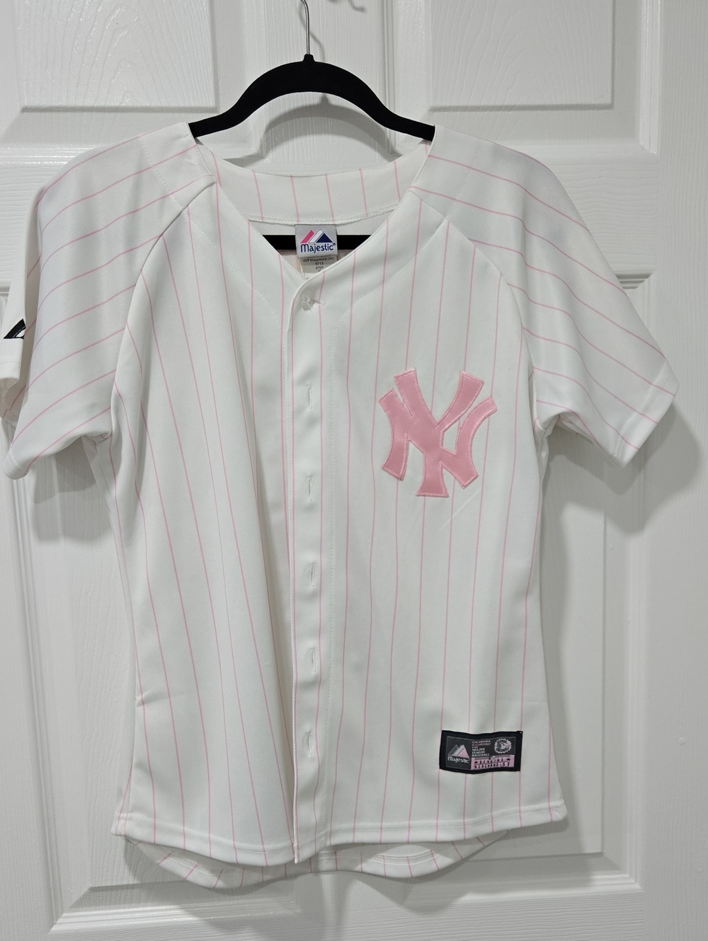 Majestic White Yankees Baseball Jersey with Pink Pinstripes - NWT